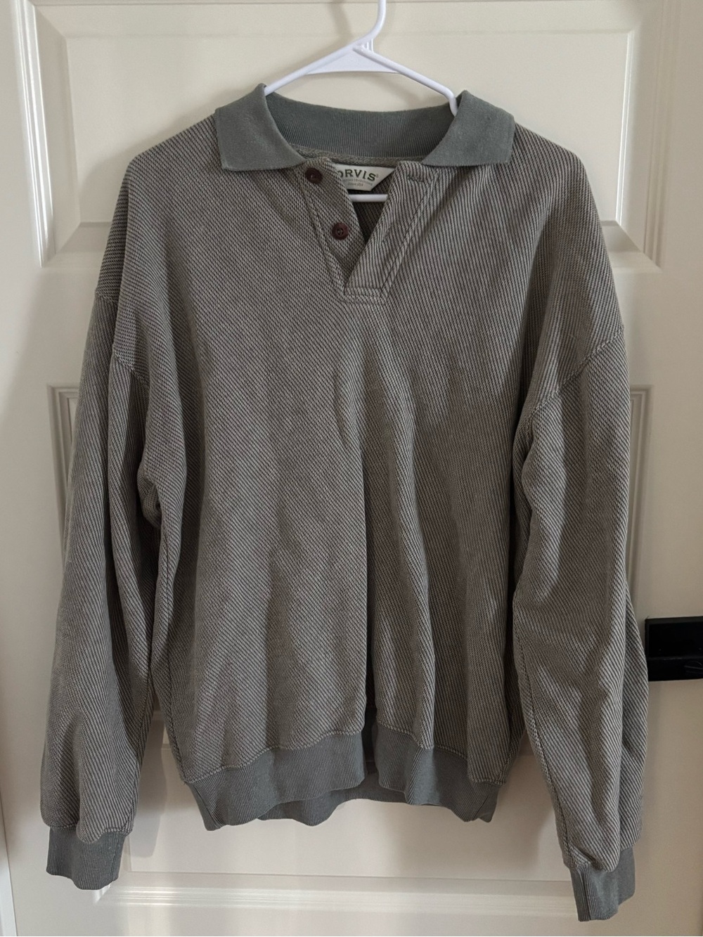 Orvis Men's Light Gray V-Neck Polo Sweater with brown leather elbow patches